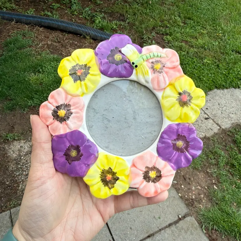 Vintage Floral Dragonfly Round 3x3 Picture Photo Frame Boho Cottagecore Ceramic