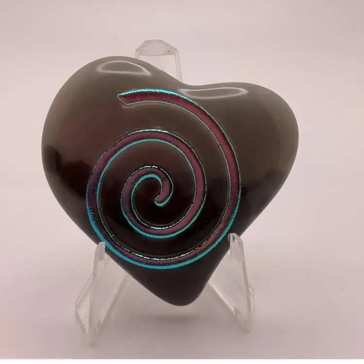 Made by Me! Fused Glass Heart with Dichroic Spiral on Gray 2" Handcrafted Studio Art