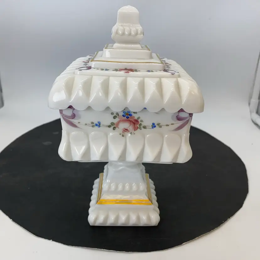 #0814 Westmoreland hand-painted milk glass covered compote with floral and ribbon motifs.