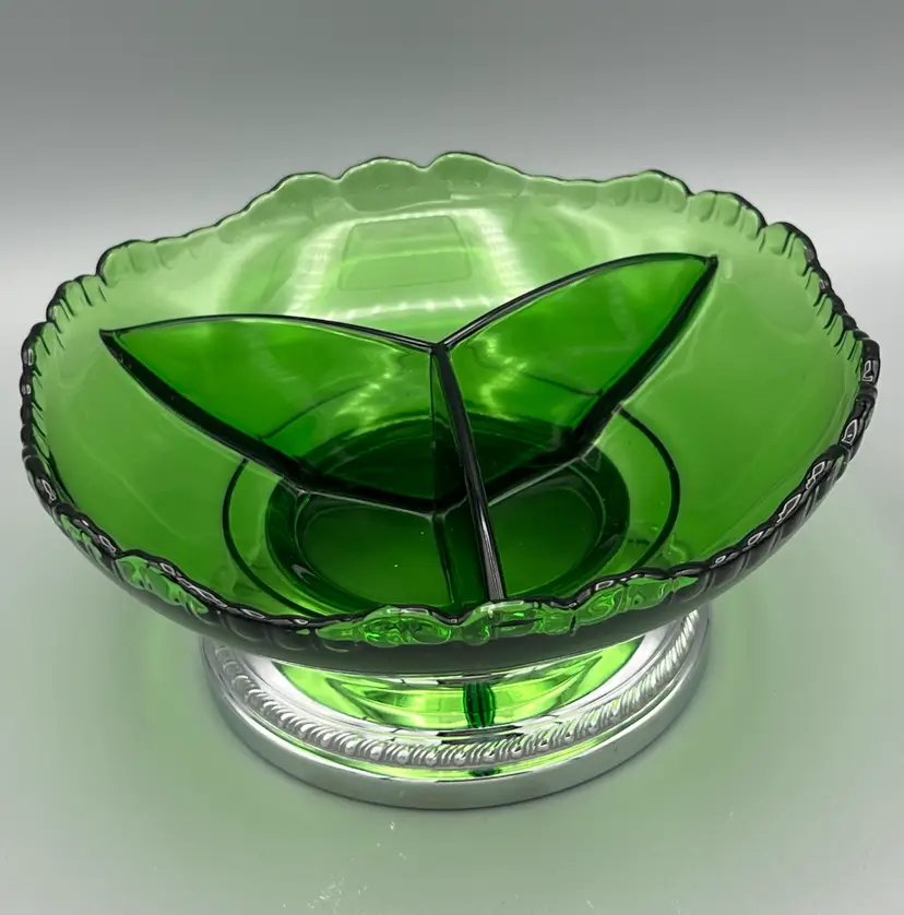 Vintage Farber Bros Krome Kraft Green 3 Part Glass Divided Relish Dish Fluted