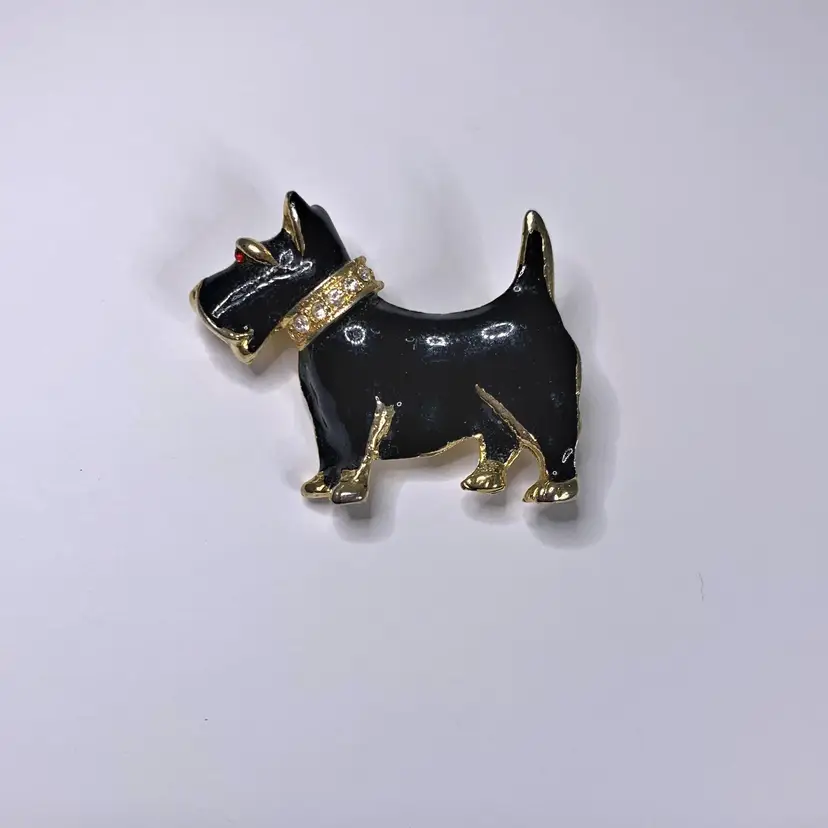 Black Enamel Scotty Dog Brooch Terrier Pin Rhinestone Collar Vintage Puppy