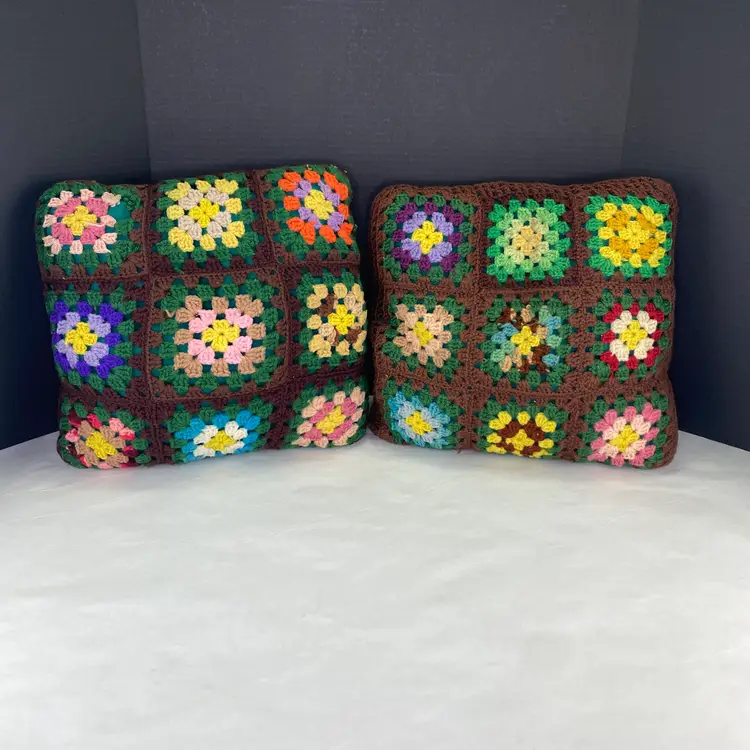Vintage Granny Square Retro Accent Pillows Set of 2