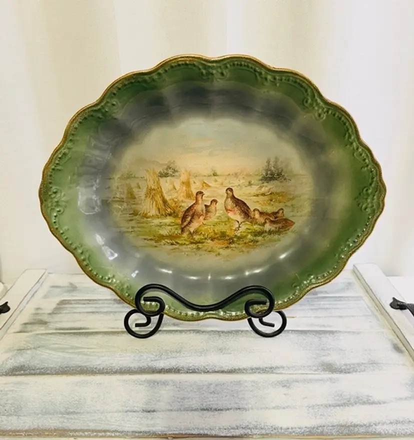 Antique French Porcelain Limoges Platter Quail Scene Green with Gold Trim