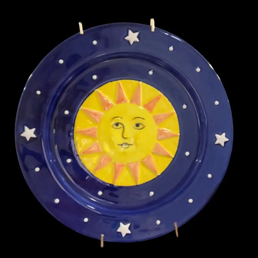 #31 J Luber Blue Ceramic Celestial Plate With Wall Hanging Mount 9.5”