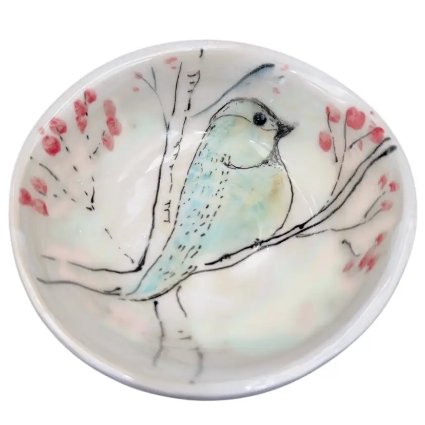 Handmade Pottery Bowl With A Painted Bird And Branches.