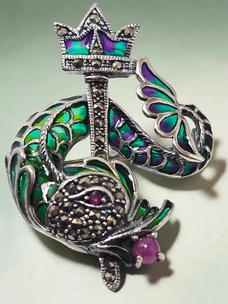 925 Brooch  Pendant Plique-à-Jour Enamel DRAGON Marcasite and Ruby Eyes