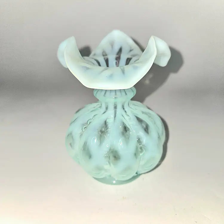 Vintage Fenton Blue Opal Diamond Optic Beaded Melon Vase Signed D. Fenton 1/96