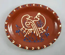 1992 Folk Art Redware Rooster and Hen Oval Platter Signed
