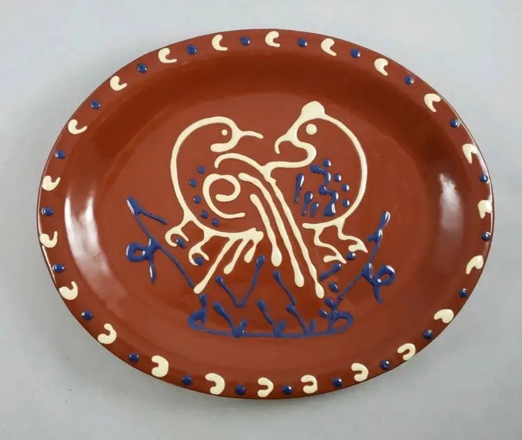 1992 Folk Art Redware Rooster and Hen Oval Platter Signed