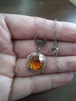 Antique Sterling Silver True Art Deco 1920s Citrine colored Faceted Glass Pendant Necklace