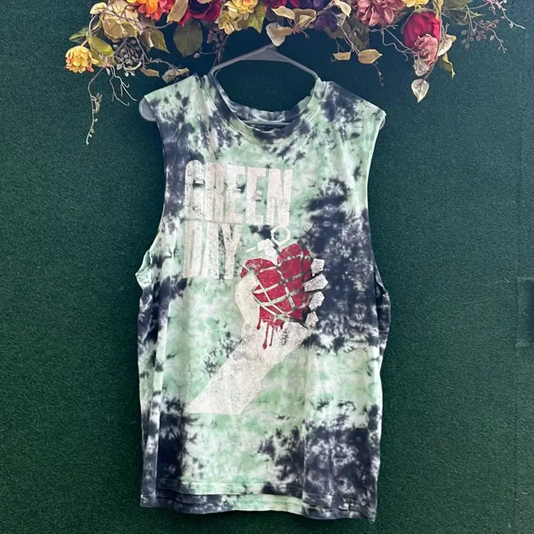 Green Day, Green And Black Tie-dye Printed Graphic T-shirt, Official Merchandise