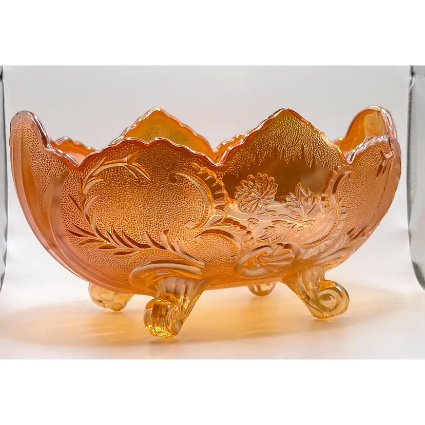 Marigold Carnival Lombardi Iridescent 4-Footed Fruit Bowl by Jeannette Glass