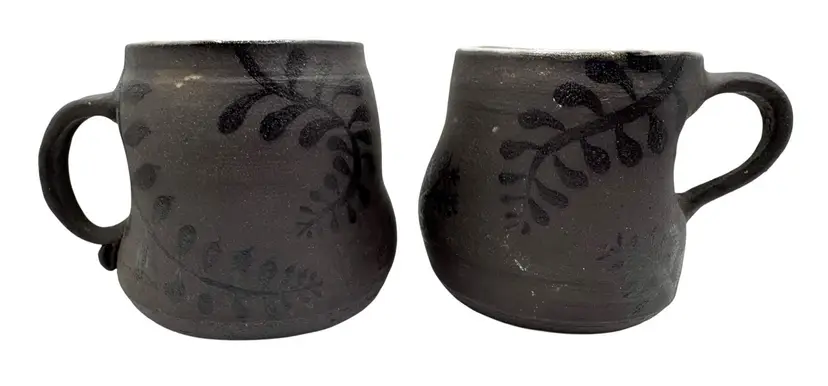Set of 2 Handmade Studio Art Pottery Coffee Mug Cup Feen Floral Brown Matte 12oz