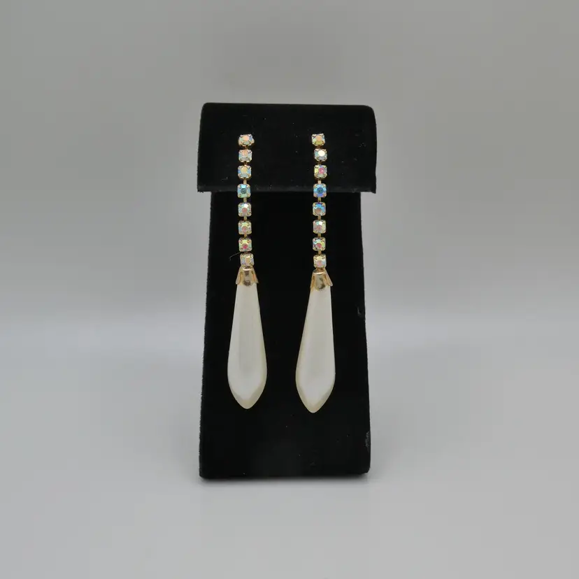 Vintage AB Rhinestone Elongated Faux Pearl Post Earrings Bridal Drop Dangle Gold Tone 2.4"