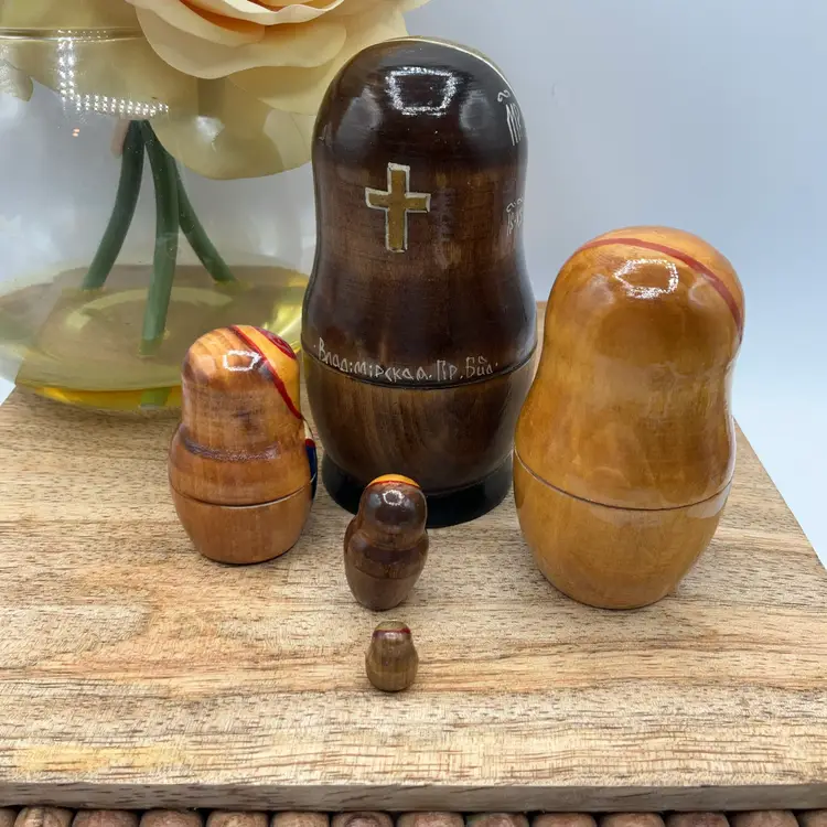 Vintage 5pc Russian Icon Nesting Doll Set - Virgin of Vladimir & Saints - Hand Painted Gold Leaf Matryoshka