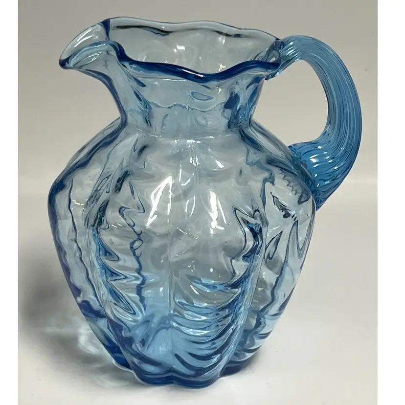 Fenton Fern- Ice Blue- Marked- Glass Pitcher- Applied Reed Handle- Ruffled Rim- 5” Tall, 5” Wide- Stamped Fenton