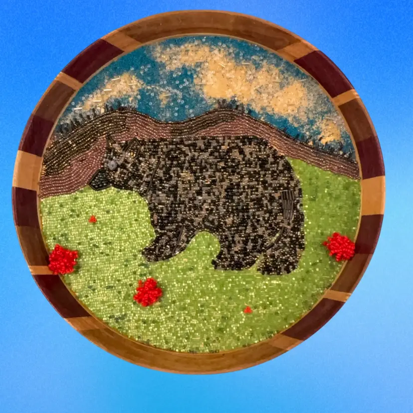 10” Seed Bead Mosaic Black Bear In Mountains, Meadow With Flowers In Wood Tray