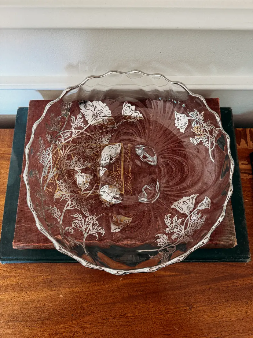 Vintage Janice Glass Silver Overlay Scalloped Footed Bowl