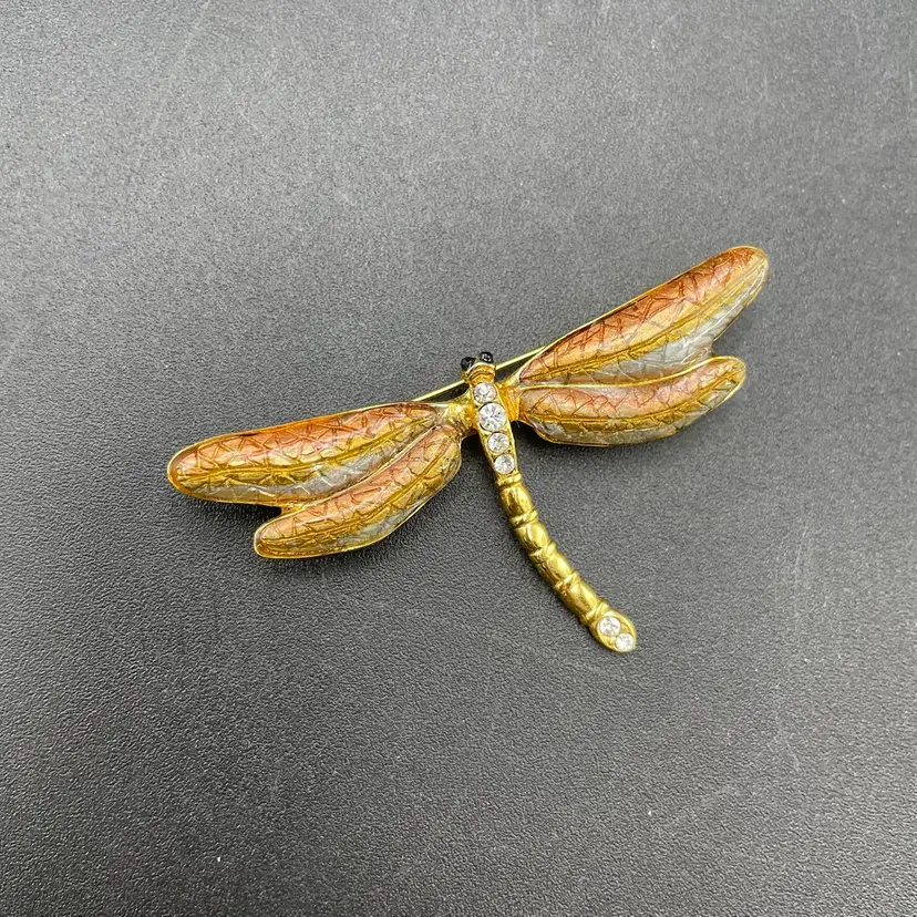 Brown Enamel Dragonfly with Rhinestones Brooch Pin Jewelry VTG Marked