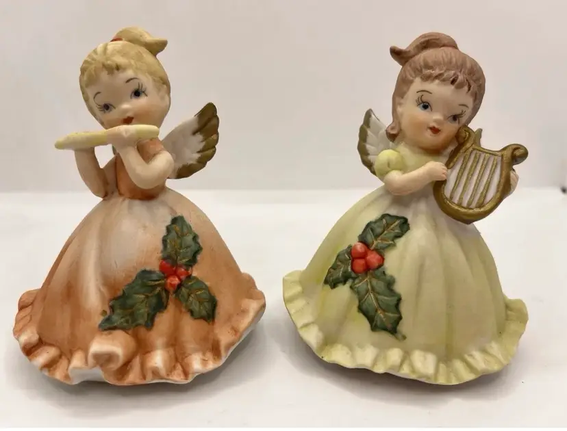 Vintage Bisque Porcelain  Christmas Angels Playing Instruments Figurine 3.5"