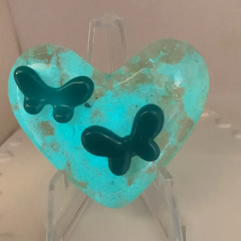 Made by Me! Fused Glass Pocket GLOW in the DARK Blue Butterflies 1.75” Handcrafted Studio Art