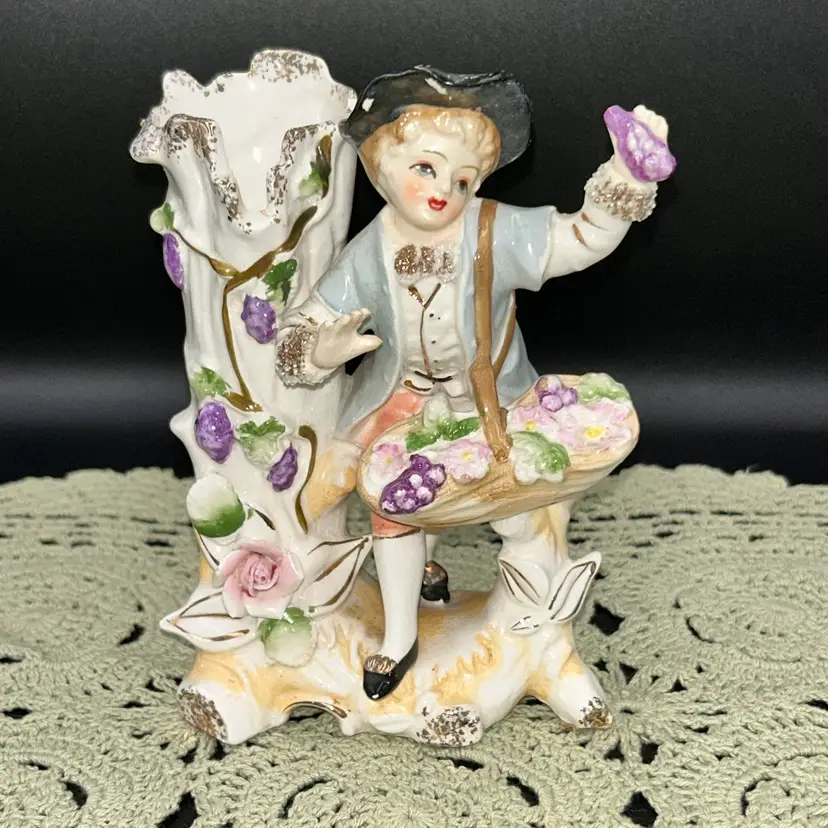 Vintage Porcelain Vase Featuring a Victorian-era Boy Carrying a Basket  of Fruit and Flowers.