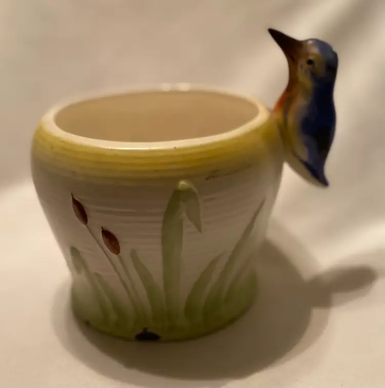 Adorable Czech Pottery Bird Planter with Cattails Czechoslovakia Kingfisher