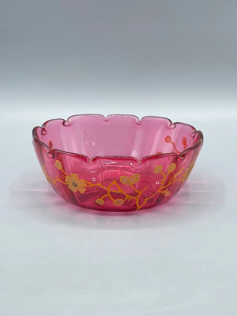 Vintage Enameled Gold Florals Cranberry Art Glass Bowl
