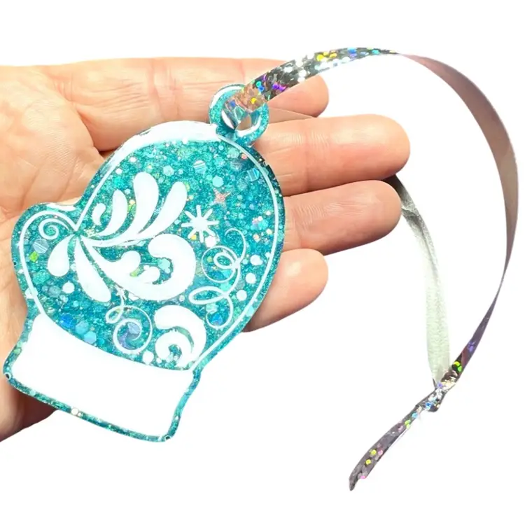 Blue & White Glitter Resin Mitten 3” Ornament. Great Winter Or Christmas Decoration. Handmade by me 🫶