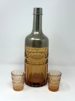 Amber Hermitage Cocktail Shaker Set – Fostoria Pressed Glass Decanter with 2 Shot Glasses