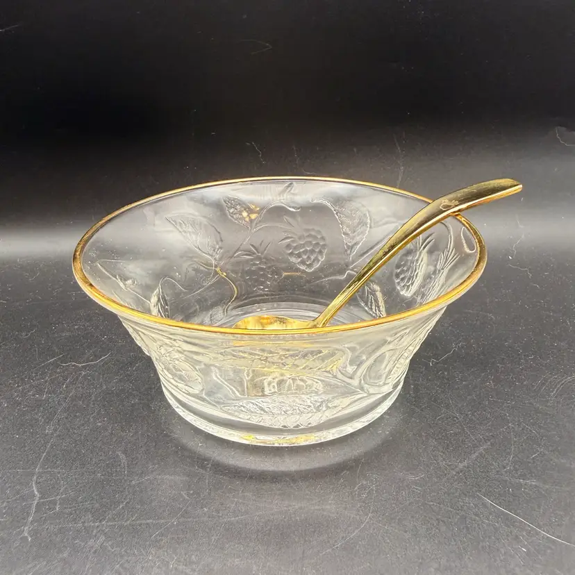 Vintage French Glass Mayonnaise Berry Fruit Bowl With Stainless Steel Spoon