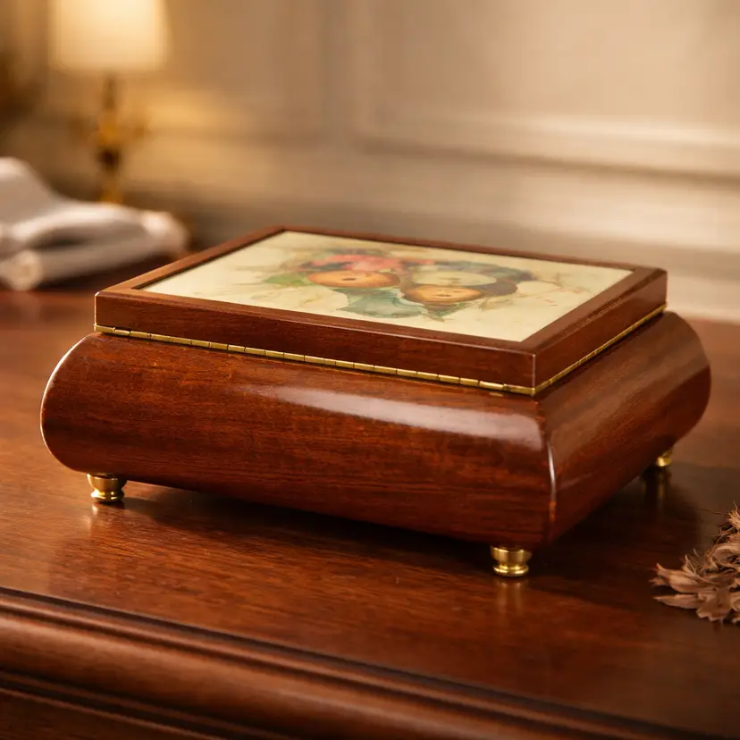 Vtg Swiss Music Jewelry Box Made in Italy w/ "Lovely Kids" Print, 6.25" x 5.25"