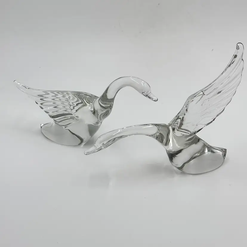 Heisey Crystal Clear Glass Vintage Figurine Set Of Two Geese Wings Half Wings Up