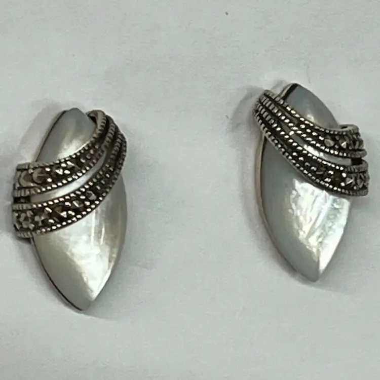 925 Mother Of Pearl And Marcasite Stud Earrings