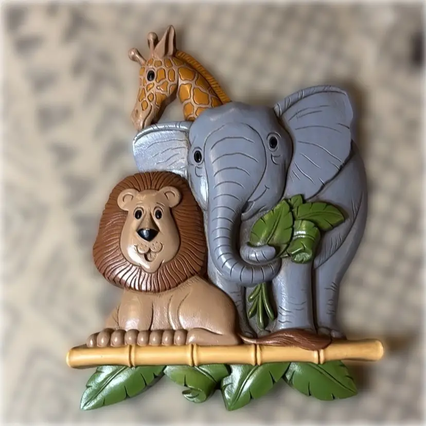 Vintage 1973 Jungle Themed (Lion, Elephant, & Giraffe) Home Interiors & Gifts Vintage Thick Plastic Wall Hanging - 16” tall, 12” wide, and 2” thick