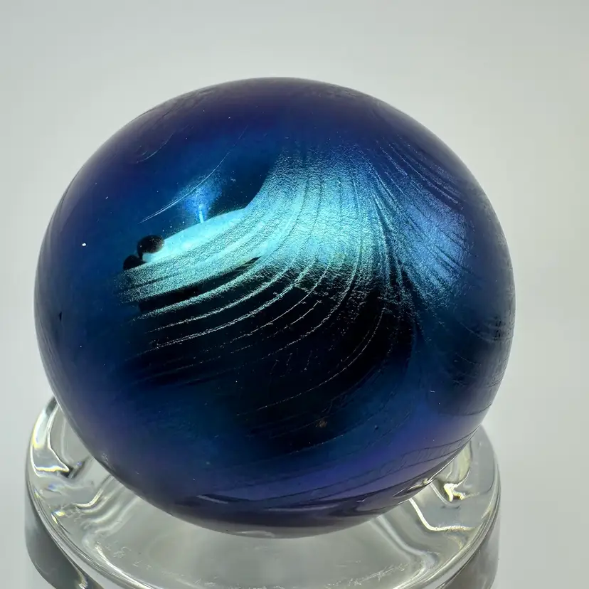 W E Porter Studio Art Glass Peacock Feather Design 1987 Purple Blue Paperweight Signed