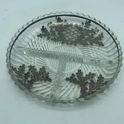 #0817 Vintage clear glass divided dish with acorn and oak leaf silver
overlay.