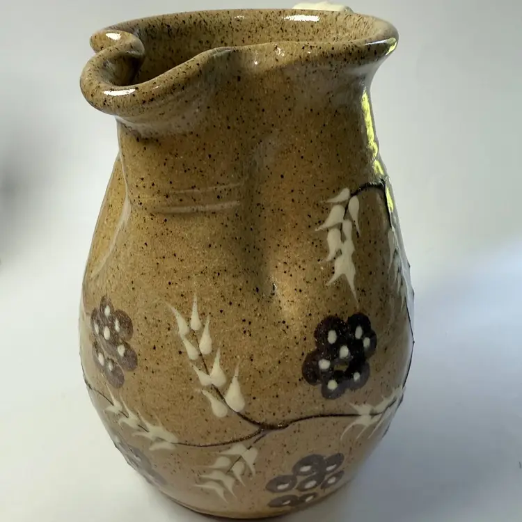 Handmade Art Pottery Pinched Spout Pitcher Jug Colonial Brown Vine Williamsburg Signed