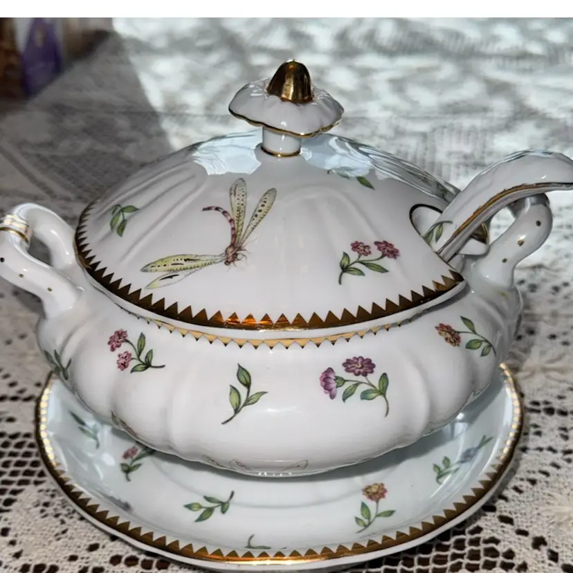 Vintage Beautiful Godinger Primavera Sauce Boat Tureen With Ladle & Attached Underplate Serveware