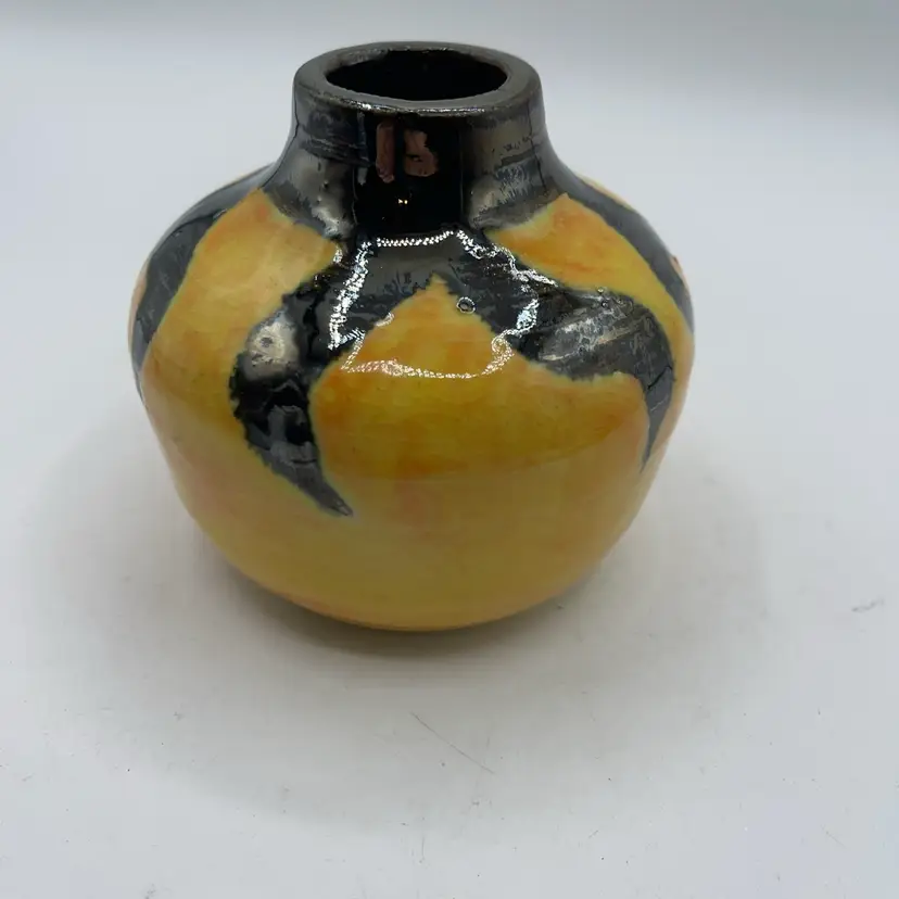 Handcrafted Artist Signed Drip Glaze Pottery Vase Round Yellow Golds 3.75”