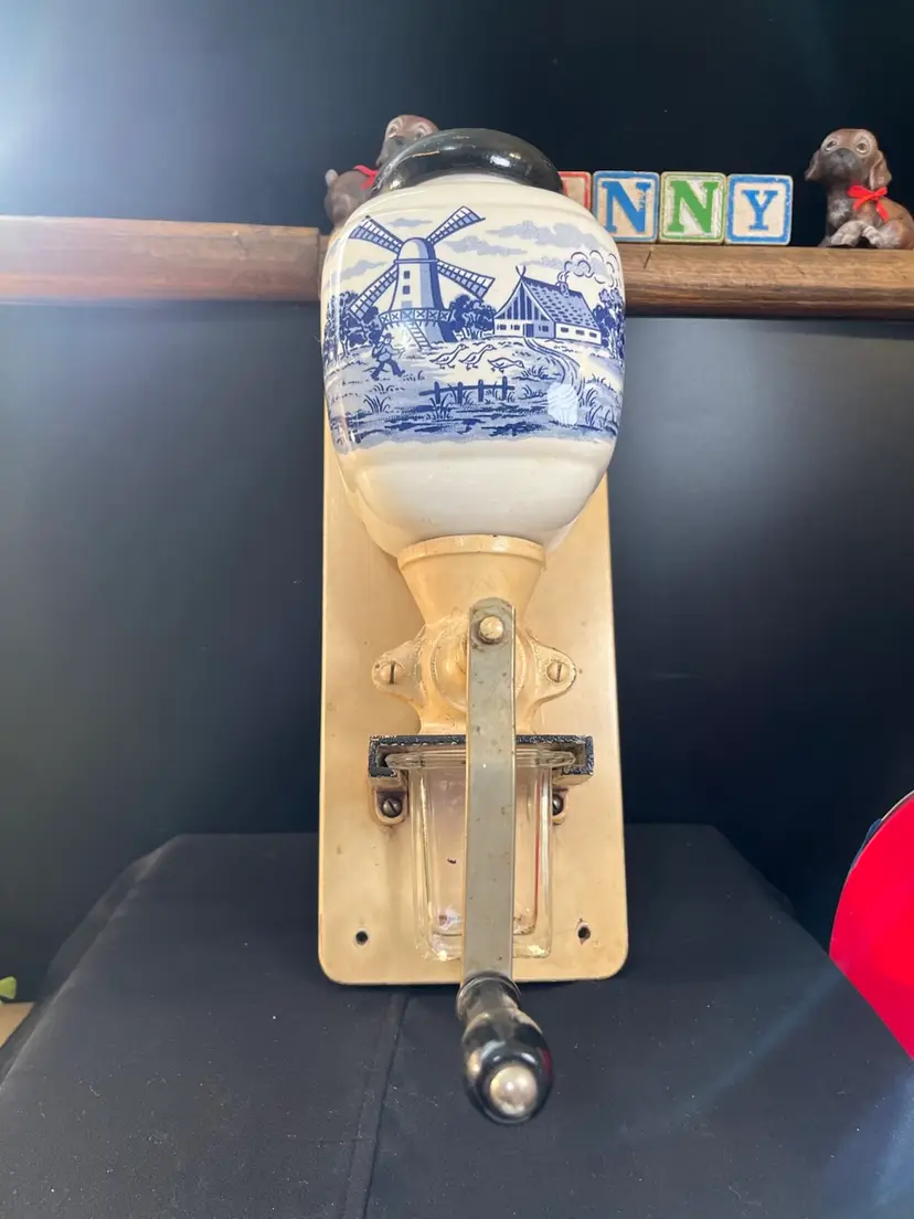 Made in Western Germany-#4023-Vintage Delft Blue Wall Mounted Coffee Grinder w/  Black Wooden Handle & Lid, Intact Glass Ground Container w/ Measurement Markings