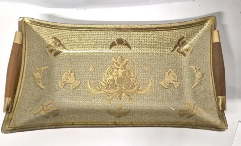 Stunning MCM Georges Briard Signed Heritance Oblong Glass Tray with Wooden Handles