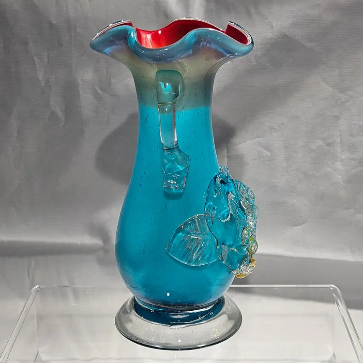 Hand Blown Blue and Red Vase with Applied Handles and Flowers