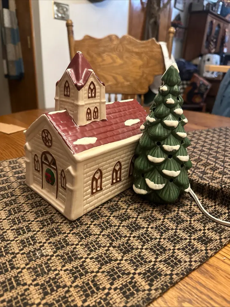 Vintage Russ  Lighted Church Porcelain W/ Tree