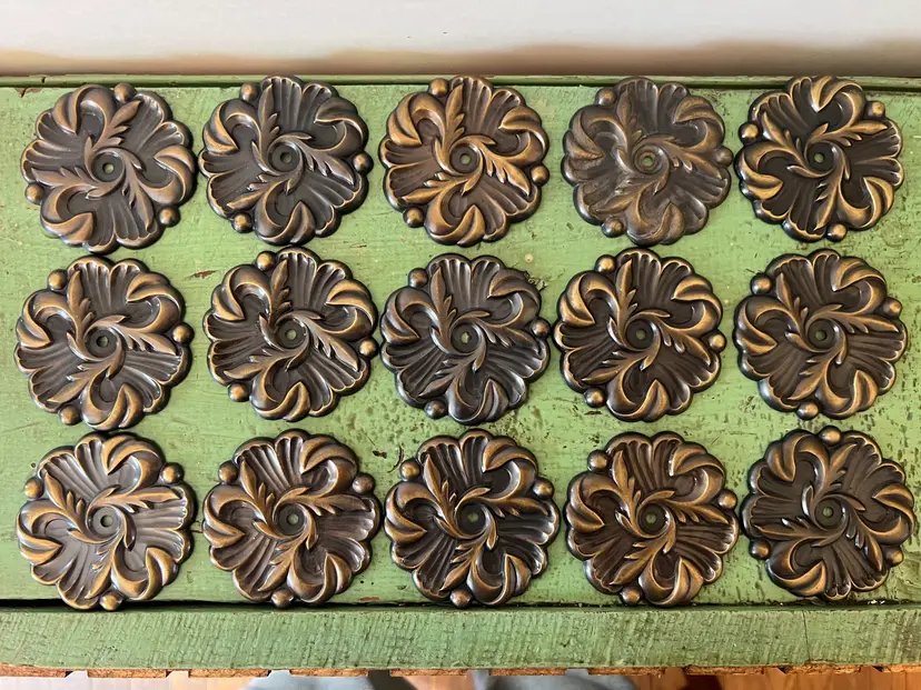 Set (15) Cabinet Knob Back Plates. Vtg Amerock Provincial Antique English 2 7/8" Round Stylized Bronze Flowers. Furniture Hardware Parts