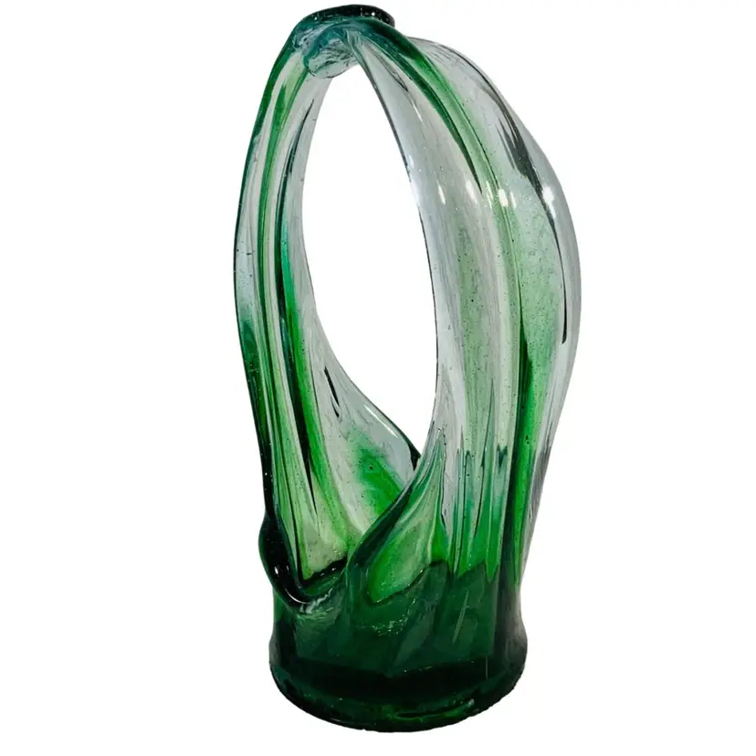 Kelly Emerald Green And Clear Art Glass Basket Vase 15.5” Tall