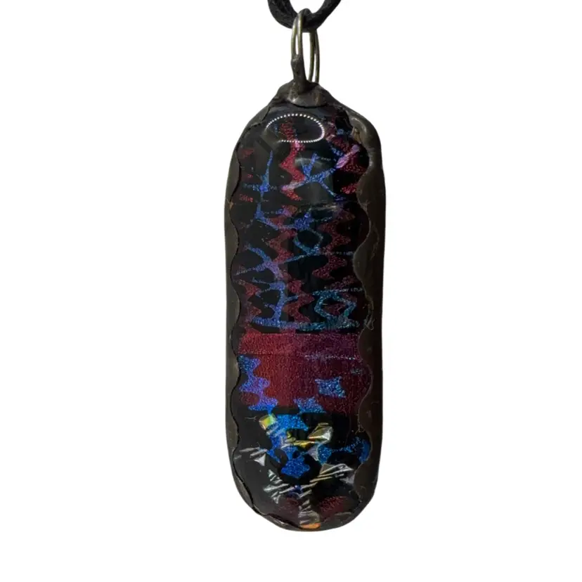 Fused Dichroic Glass Pendant With Black Patina On Copper Foil 2 1/4” X 7/8”