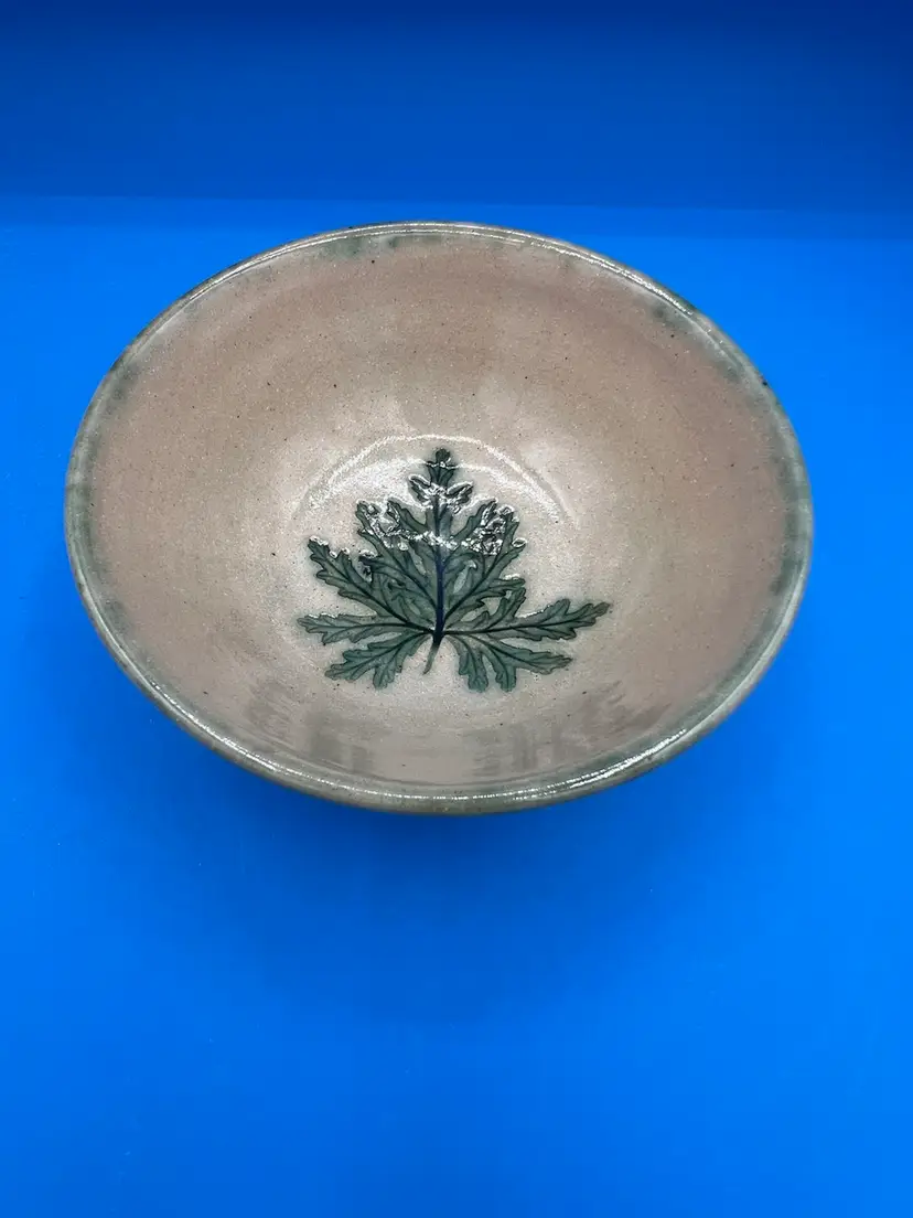 Studio Pottery Green Muted Glaze And Leaf Impressed Design Beautiful Handmade Design EUC