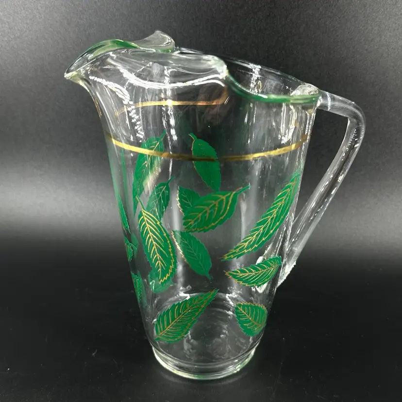 Vintage Green Leaf Glass Ice Lip Pitcher