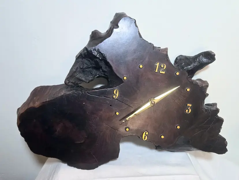 Vintage Wooden Redwood Or Cypress Live Edge Slab Wall Clock - 15"